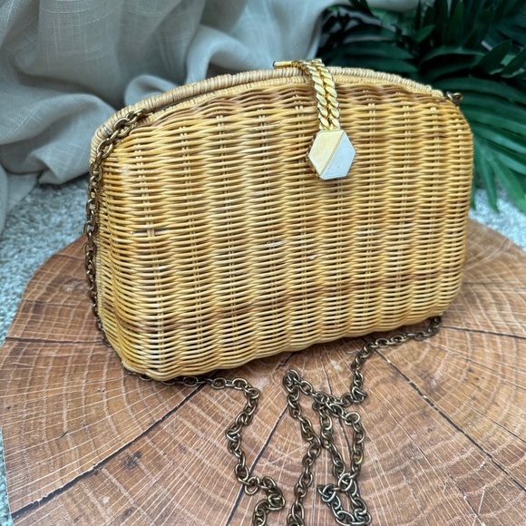 Unbranded Handbags - Woven Wicker Basket Crossbody Shoulder Bag Natural Fibers Chain Strap NOS